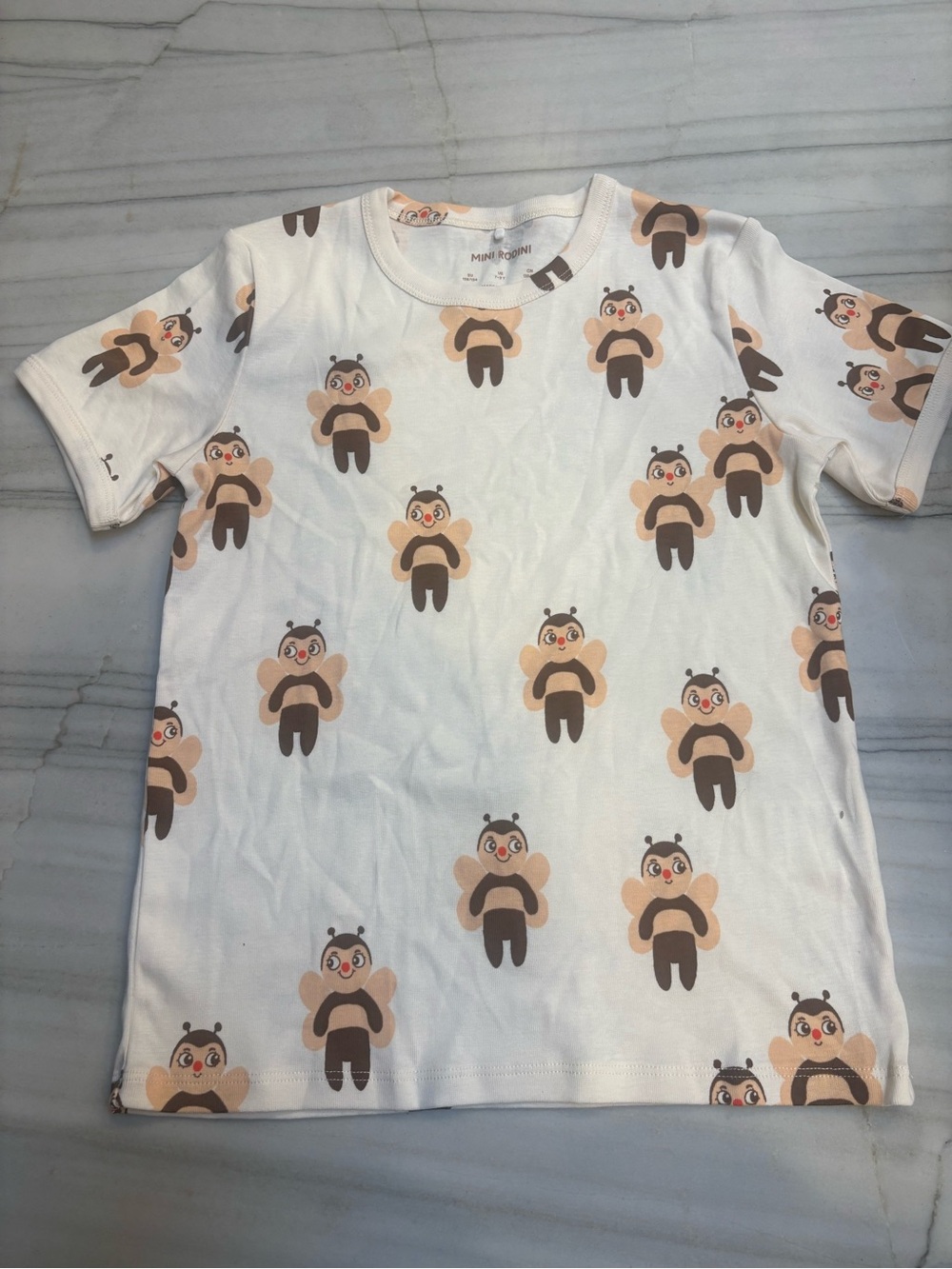 Mini Rodini White Tee with Beige & Brown Bee Motif
